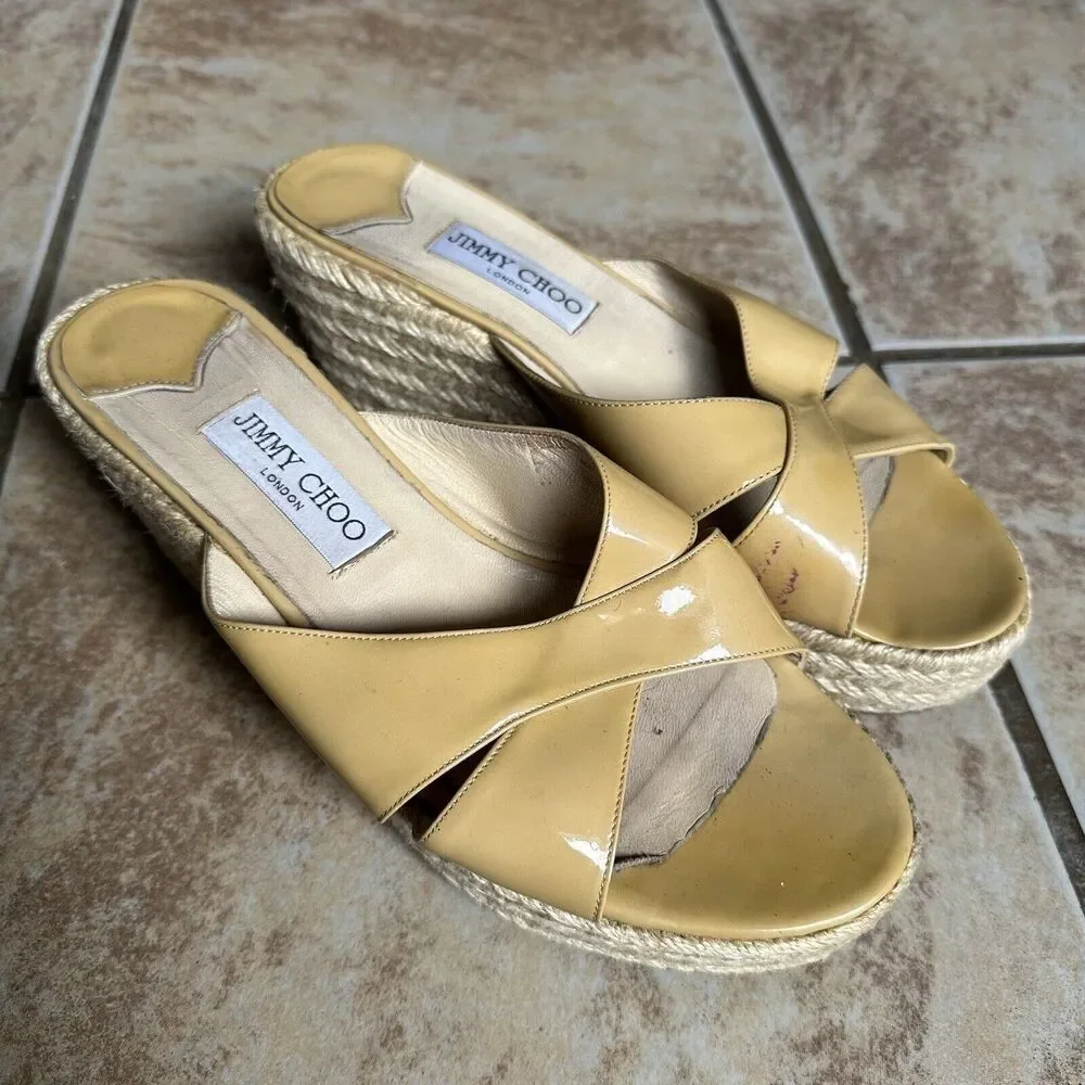 Jimmy Choo Paisley Crisscross Slide Sandal Espadrille Beige Patent Wedge Size 40